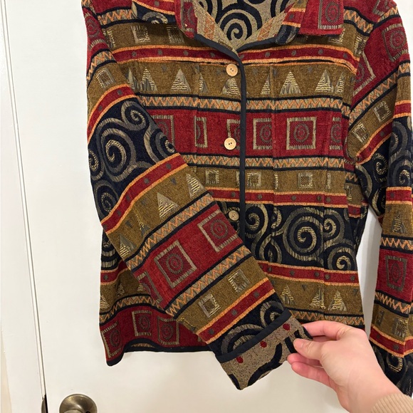 Tally-Ho reversible art tapestry jacket geometric wooden buttons VTG women’s XL - Picture 4 of 9